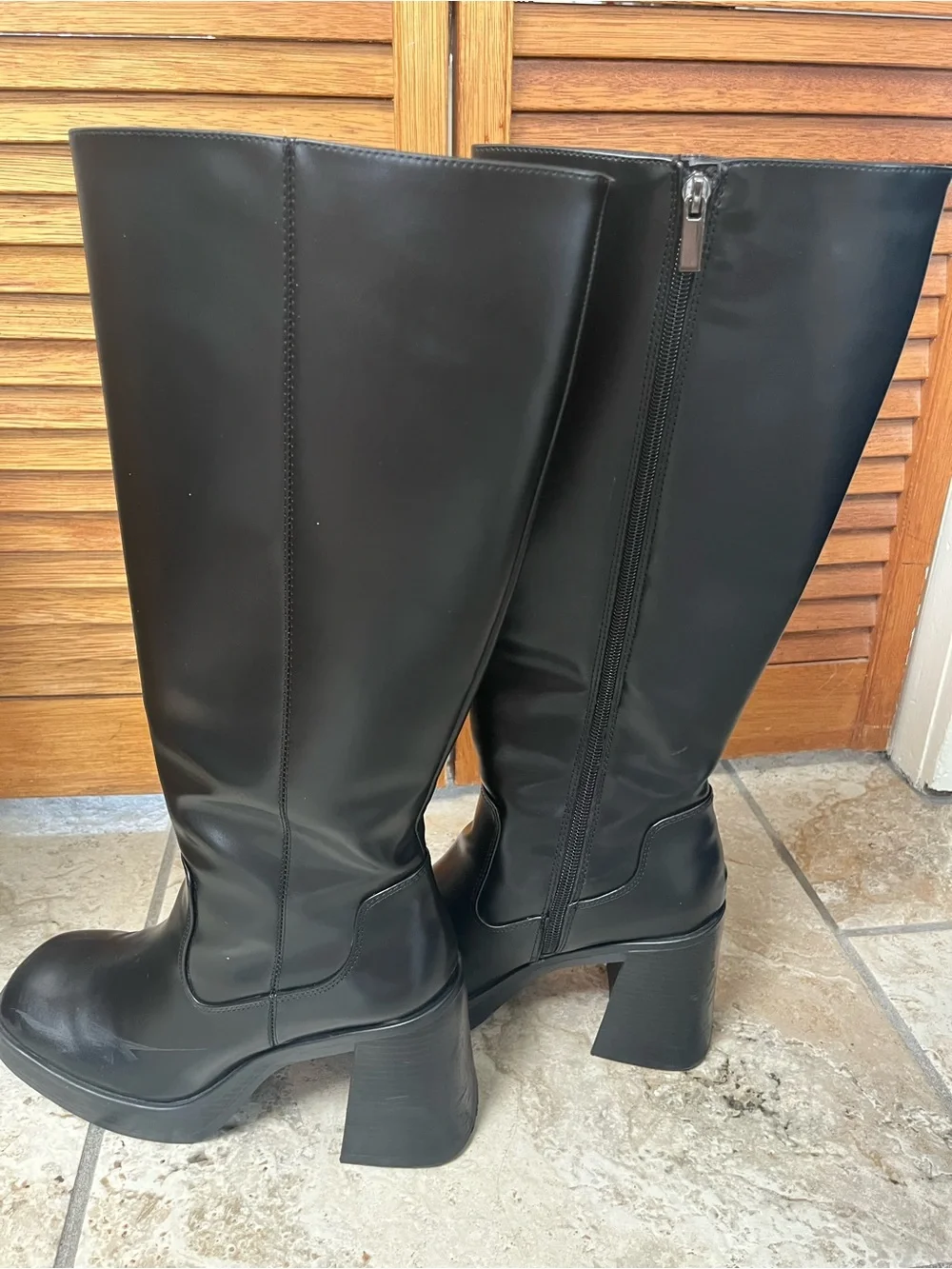 Bershka Black Platform Knee-High Block Heel Boots